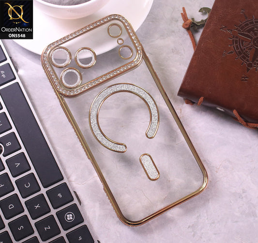 iPhone 17 Pro Cover - Golden - New Premium Rhine Stone Bling Clear Case With Glitter Magsafe Style Case
