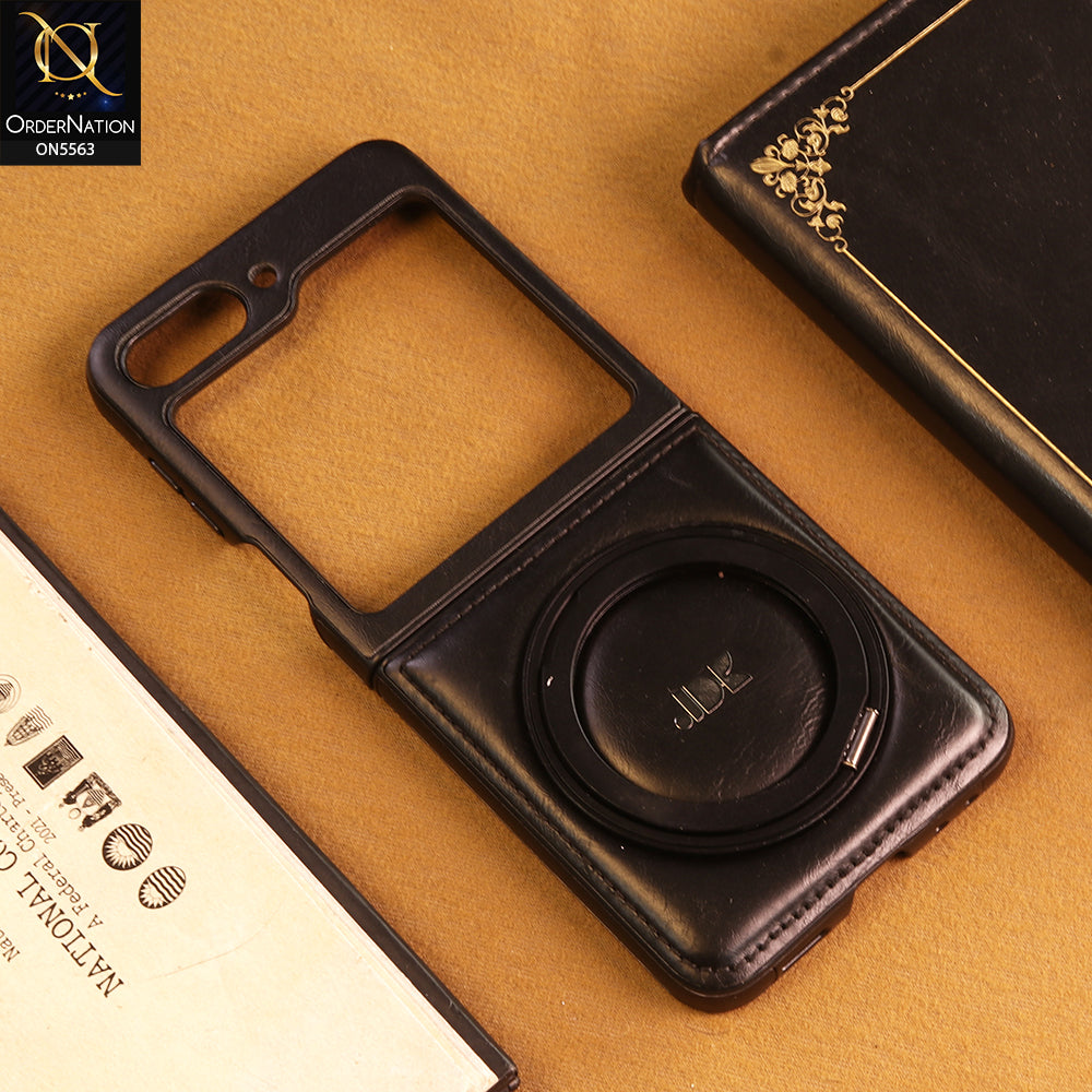 Samsung Galaxy Z Flip 5 Cover -  Black - New Jinduka Premium Leather Case With Metal Kick Stand And Wireless Charging Option