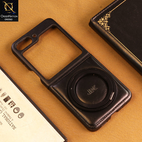 Samsung Galaxy Z Flip 5 Cover -  Black - New Jinduka Premium Leather Case With Metal Kick Stand And Wireless Charging Option