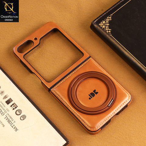 Samsung Galaxy Z Flip 5 Cover -  Brown - New Jinduka Premium Leather Case With Metal Kick Stand And Wireless Charging Option