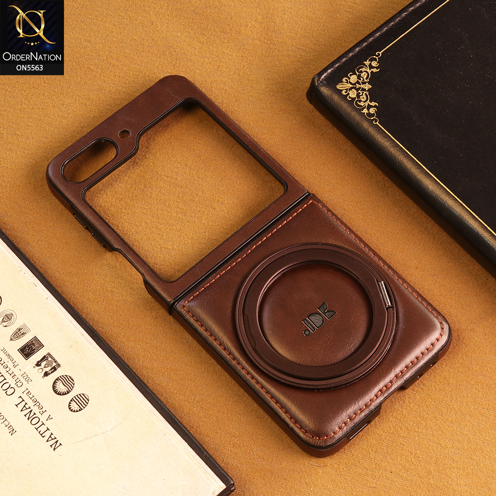 Samsung Galaxy Z Flip 5 Cover -  Coffee - New Jinduka Premium Leather Case With Metal Kick Stand And Wireless Charging Option