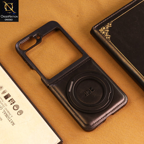 Samsung Galaxy Z Flip 6 Cover -  Black - New Jinduka Premium Leather Case With Metal Kick Stand And Wireless Charging Option