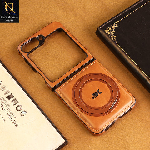 Samsung Galaxy Z Flip 6 Cover -  Brown - New Jinduka Premium Leather Case With Metal Kick Stand And Wireless Charging Option