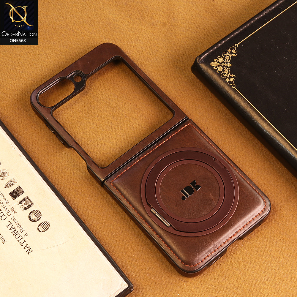 Samsung Galaxy Z Flip 6 Cover -  Coffee - New Jinduka Premium Leather Case With Metal Kick Stand And Wireless Charging Option