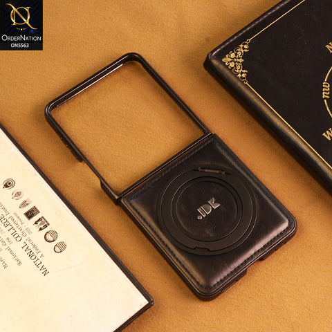 Samsung Galaxy Z Flip 7 Cover -  Black - New Jinduka Premium Leather Case With Metal Kick Stand And Wireless Charging Option
