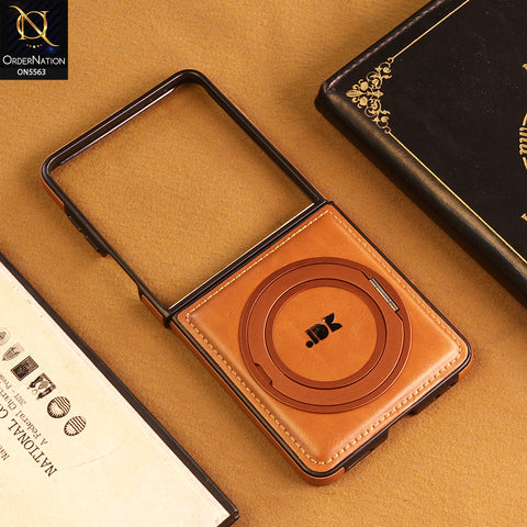 Samsung Galaxy Z Flip 7 Cover -  Brown - New Jinduka Premium Leather Case With Metal Kick Stand And Wireless Charging Option
