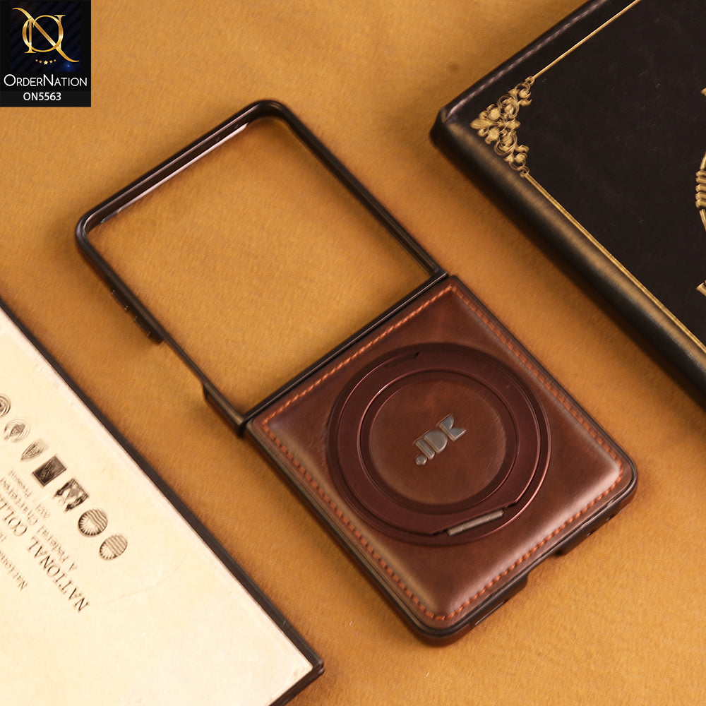 Samsung Galaxy Z Flip 7 Cover -  Coffee - New Jinduka Premium Leather Case With Metal Kick Stand And Wireless Charging Option