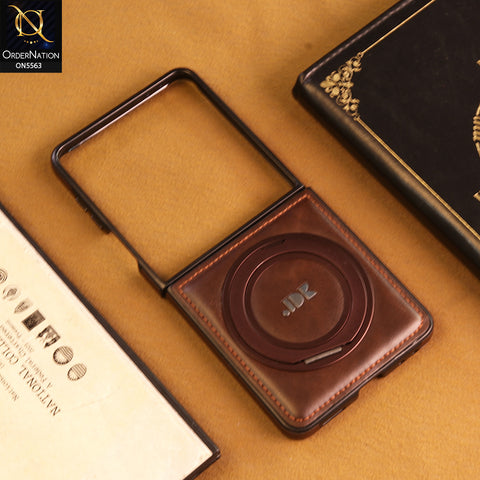 Samsung Galaxy Z Flip 7 Cover -  Coffee - New Jinduka Premium Leather Case With Metal Kick Stand And Wireless Charging Option