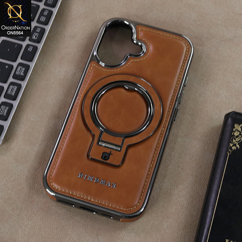 iPhone 17 - Brown - New Rimbmax High Quality Leather Case With Metal Camera Ring And KickStand