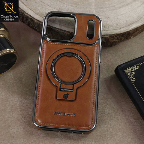 iPhone 17 Pro Max - Brown - New Rimbmax High Quality Leather Case With Metal Camera Ring And KickStand