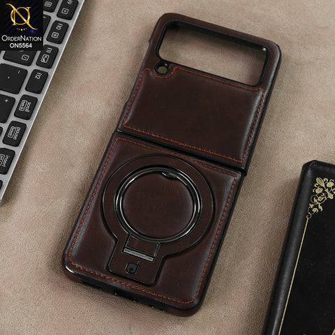 Samsung Galaxy Z Flip 4 5G - Coffee Brown - New Rimbmax High Quality Leather Case With Metal Camera Ring And KickStand