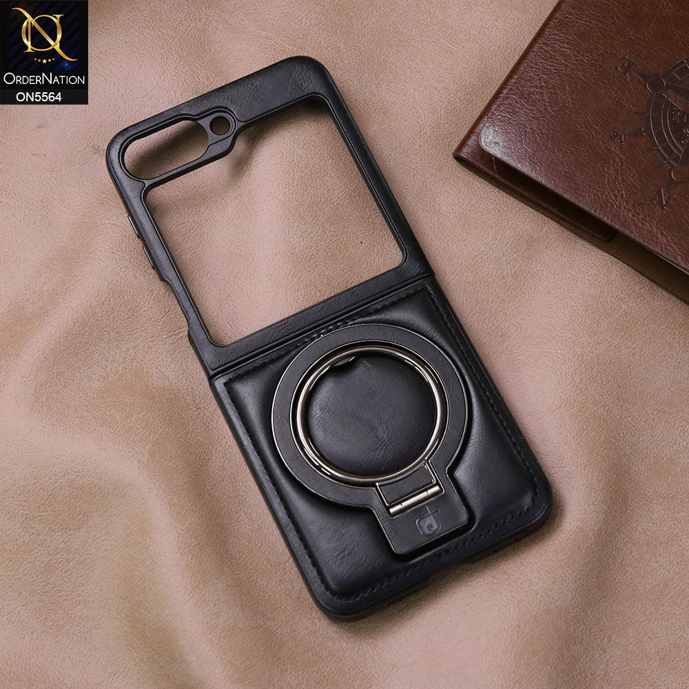 Samsung Galaxy Z Flip 5 Cover - Black - New Rimbmax High Quality Leather Case With Metal Camera Ring And KickStand