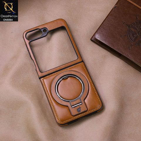 Samsung Galaxy Z Flip 6 Cover - Brown - New Rimbmax High Quality Leather Case With Metal Camera Ring And KickStand