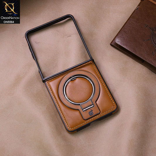 Samsung Galaxy Z Flip 7 Cover - Brown - New Rimbmax High Quality Leather Case With Metal Camera Ring And KickStand