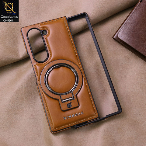 Samsung Galaxy Z Fold 5 5G Cover - Brown - New Rimbmax High Quality Leather Case With Metal Camera Ring And KickStand