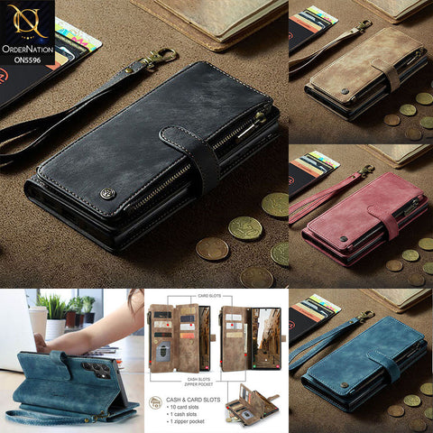 Samsung Galaxy S24 FE Cover - Black -  CaseMe Premium Vintage Leather Folio Zipper Wallet Case with Magnetic Closure and 7 Card Slots