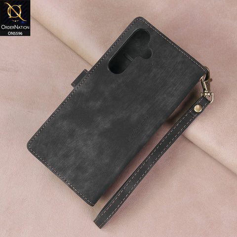 Samsung Galaxy S24 FE Cover - Black -  CaseMe Premium Vintage Leather Folio Zipper Wallet Case with Magnetic Closure and 7 Card Slots