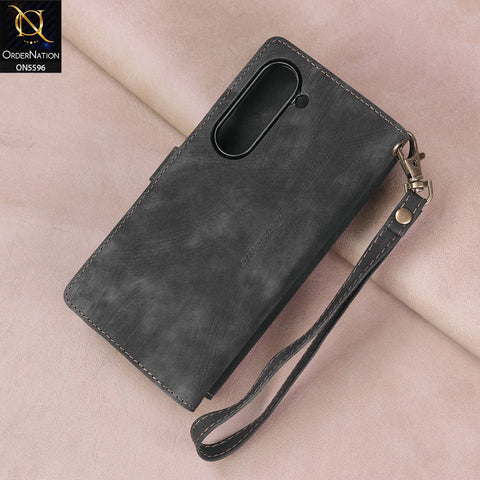 Samsung Galaxy Z Fold 6 5G Cover - Black -  CaseMe Premium Vintage Leather Folio Zipper Wallet Case with Magnetic Closure and 7 Card Slots
