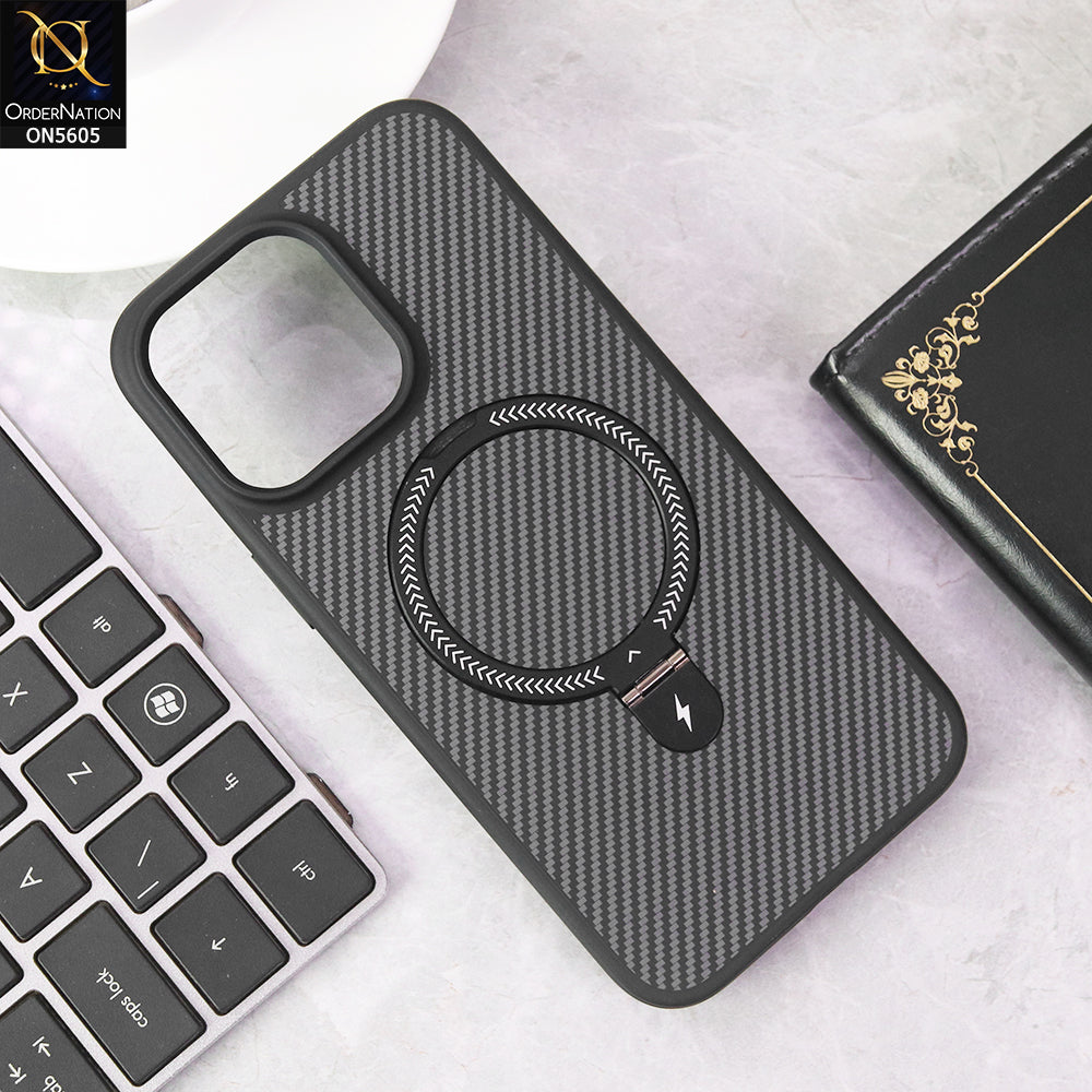 iPhone 15 Pro Max Cover - Black - Carbon Fiber Texture Design Kickstand Case