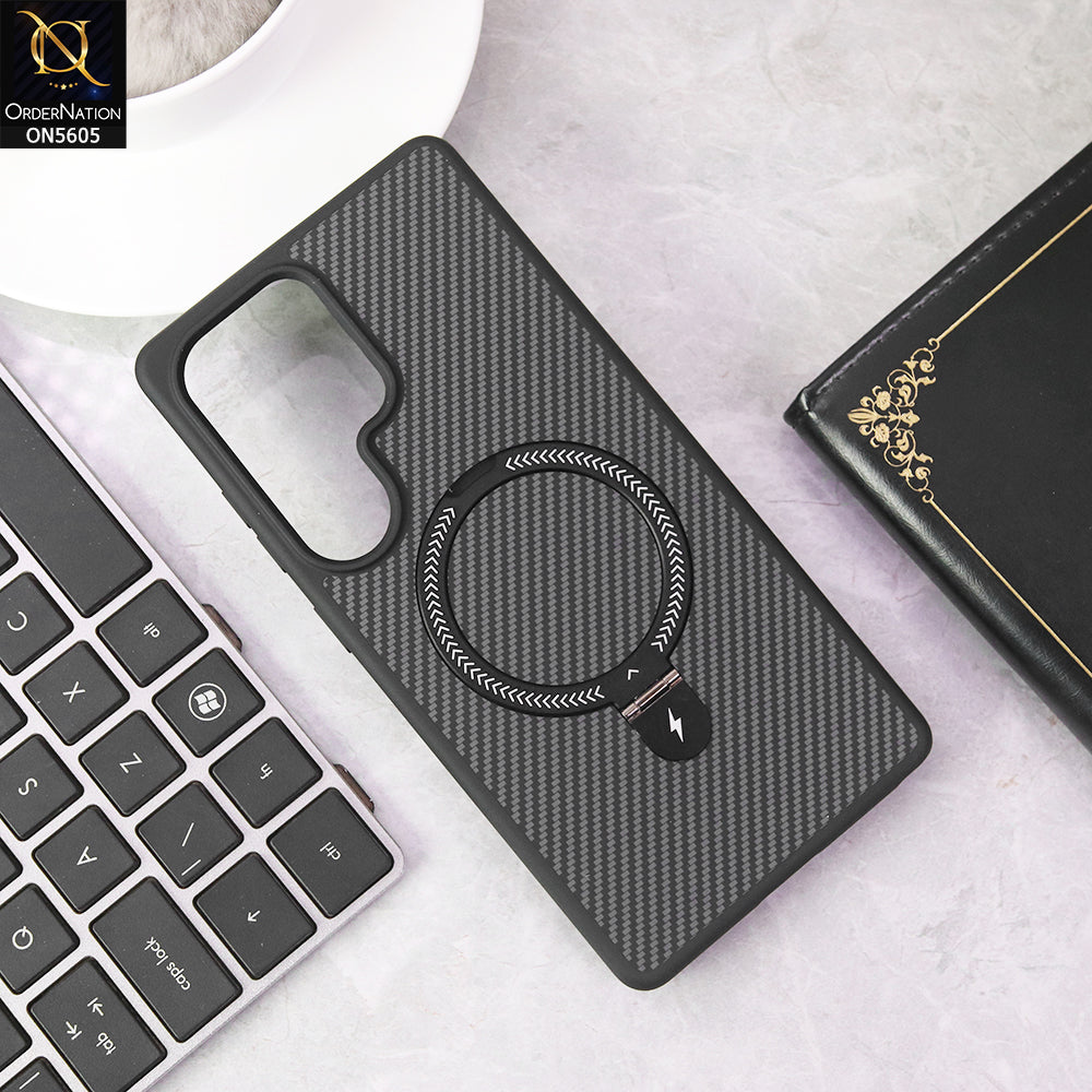 Samsung Galaxy S24 Ultra Cover - Black - Carbon Fiber Texture Design Kickstand Case