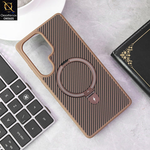 Samsung Galaxy S24 Ultra Cover - Brown - Carbon Fiber Texture Design Kickstand Case