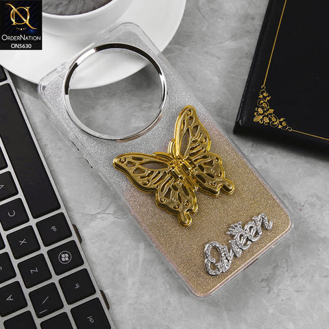 Xiaomi Redmi A3 Cover - Golden -Trendy Queen Dual Tone Gradient Glitter Shiny Soft Case With Butterfly Kickstand Holder (Glitter Does Not Move)