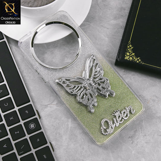 Xiaomi Poco C61 Cover - Green -Trendy Queen Dual Tone Gradient Glitter Shiny Soft Case With Butterfly Kickstand Holder (Glitter Does Not Move)