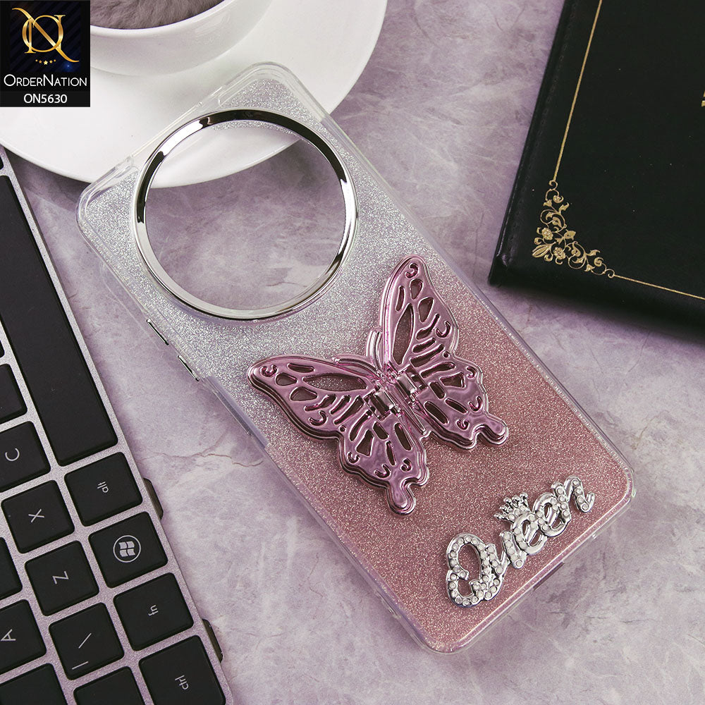 Xiaomi Redmi A3x Cover - Rose Gold -Trendy Queen Dual Tone Gradient Glitter Shiny Soft Case With Butterfly Kickstand Holder (Glitter Does Not Move)