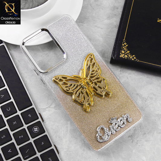 Xiaomi Redmi 12 Cover - Golden -Trendy Queen Dual Tone Gradient Glitter Shiny Soft Case With Butterfly Kickstand Holder (Glitter Does Not Move)