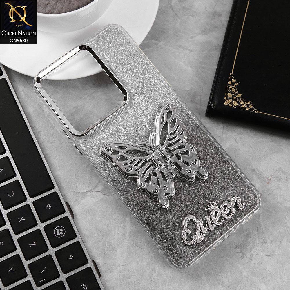 Xiaomi Redmi 13 Cover - Black -Trendy Queen Dual Tone Gradient Glitter Shiny Soft Case With Butterfly Kickstand Holder (Glitter Does Not Move)