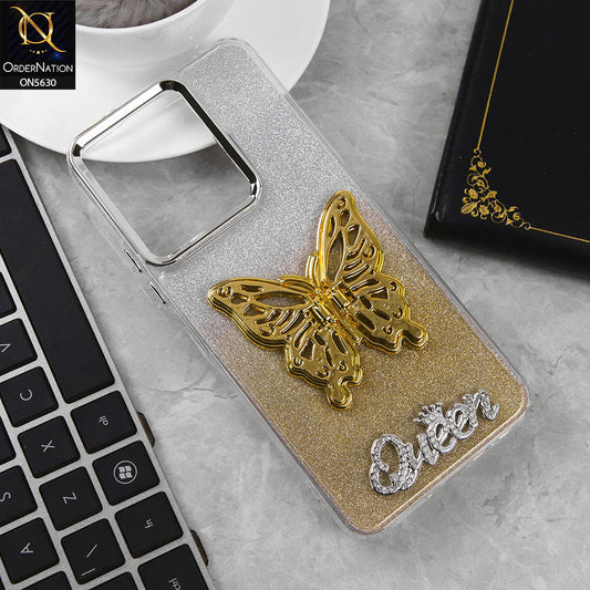 Xiaomi Redmi Note 13R Cover - Golden -Trendy Queen Dual Tone Gradient Glitter Shiny Soft Case With Butterfly Kickstand Holder (Glitter Does Not Move)