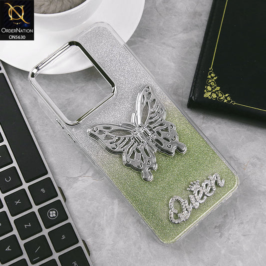 Xiaomi Redmi Note 13R Cover - Green -Trendy Queen Dual Tone Gradient Glitter Shiny Soft Case With Butterfly Kickstand Holder (Glitter Does Not Move)