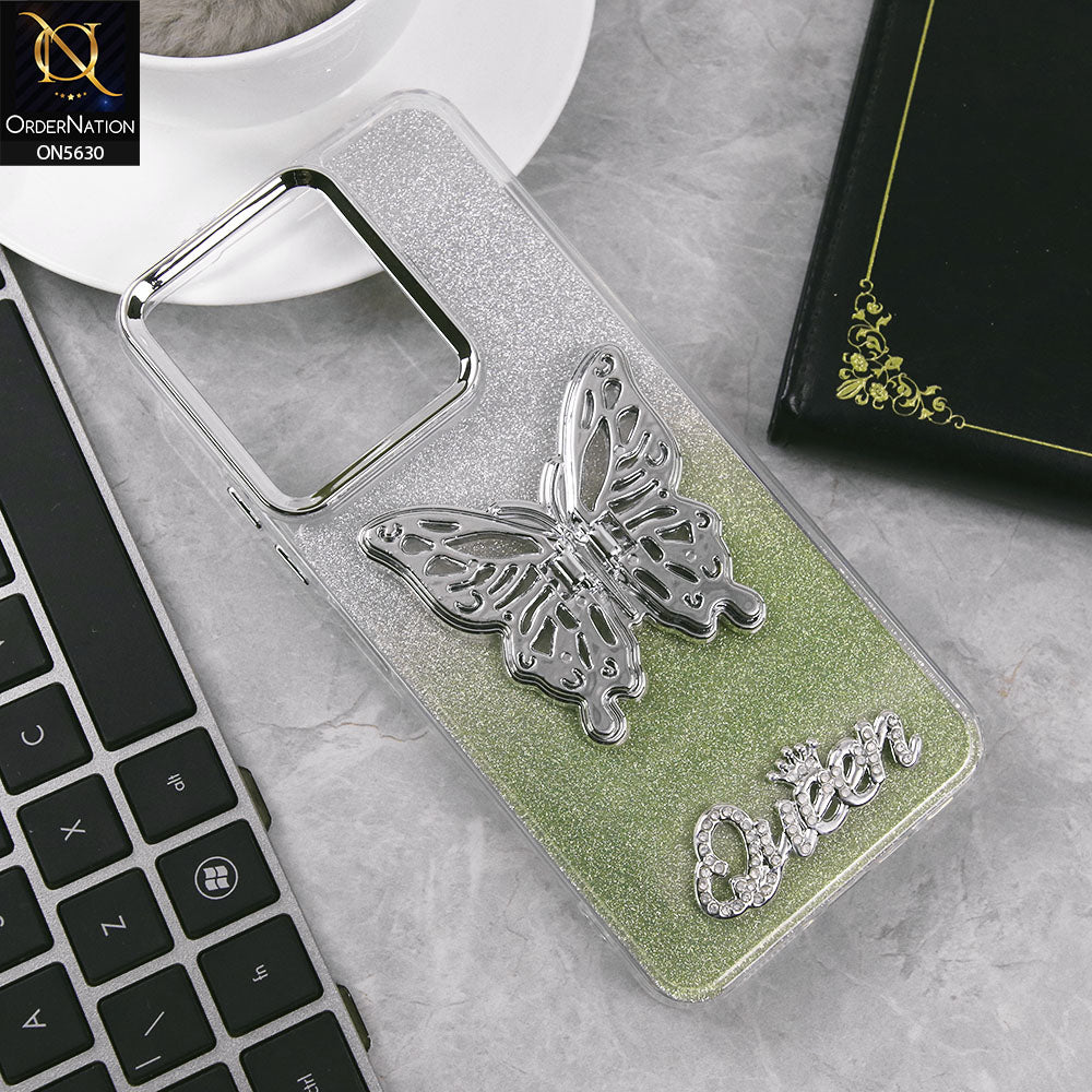 Xiaomi Redmi 13 Cover - Green -Trendy Queen Dual Tone Gradient Glitter Shiny Soft Case With Butterfly Kickstand Holder (Glitter Does Not Move)