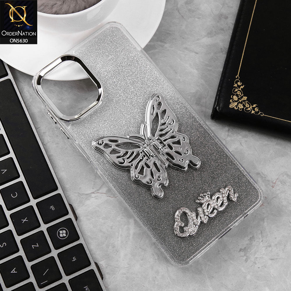 Samsung Galaxy M07 Cover - Black -Trendy Queen Dual Tone Gradient Glitter Shiny Soft Case With Butterfly Kickstand Holder (Glitter Does Not Move)
