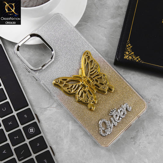 Samsung Galaxy F07 Cover - Golden -Trendy Queen Dual Tone Gradient Glitter Shiny Soft Case With Butterfly Kickstand Holder (Glitter Does Not Move)