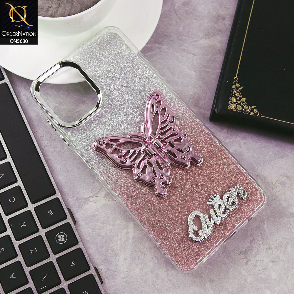 Samsung Galaxy M07 Cover - Rose Gold -Trendy Queen Dual Tone Gradient Glitter Shiny Soft Case With Butterfly Kickstand Holder (Glitter Does Not Move)