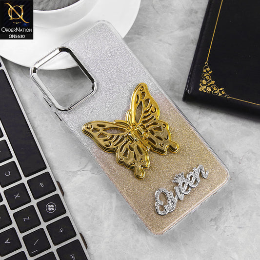 Samsung Galaxy A12 Cover - Golden -Trendy Queen Dual Tone Gradient Glitter Shiny Soft Case With Butterfly Kickstand Holder (Glitter Does Not Move)