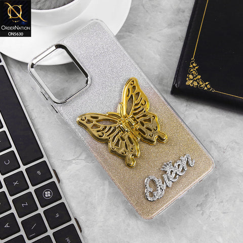 Samsung Galaxy A12 Cover - Golden -Trendy Queen Dual Tone Gradient Glitter Shiny Soft Case With Butterfly Kickstand Holder (Glitter Does Not Move)