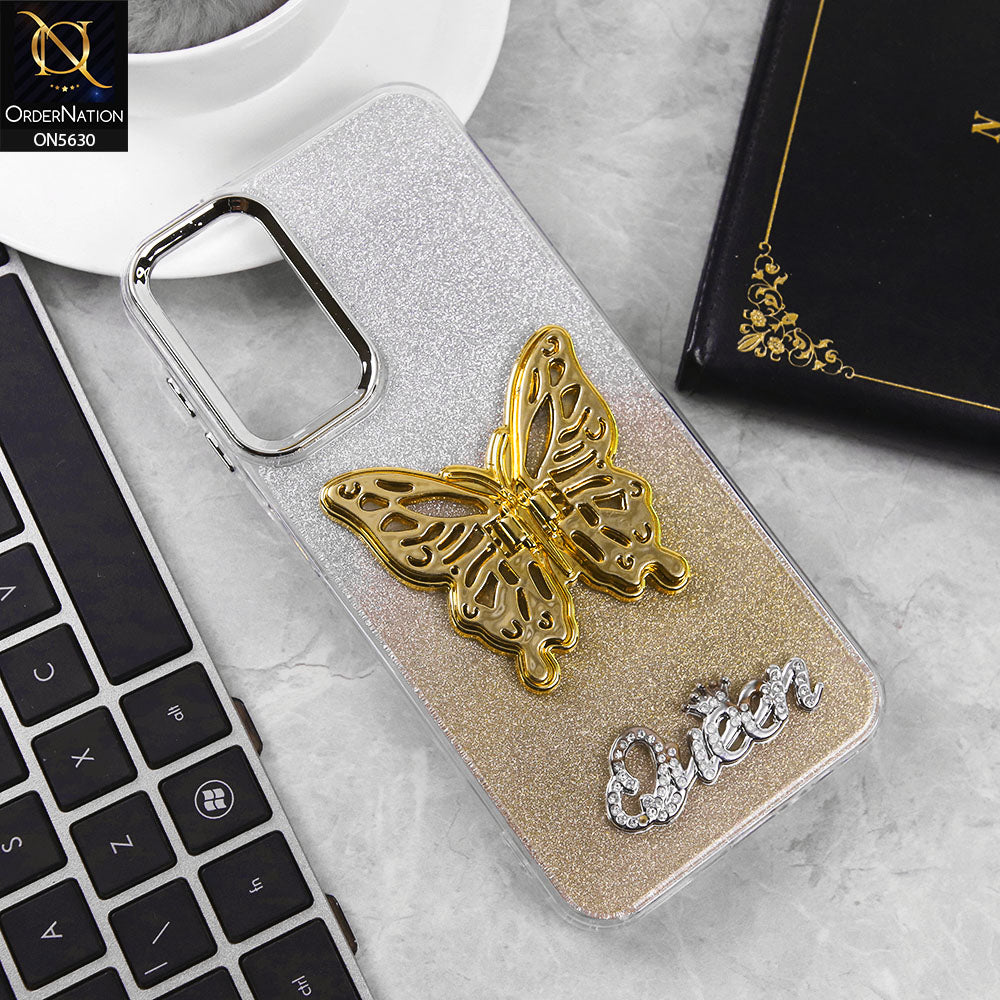 Samsung Galaxy A14 5G Cover - Golden -Trendy Queen Dual Tone Gradient Glitter Shiny Soft Case With Butterfly Kickstand Holder (Glitter Does Not Move)