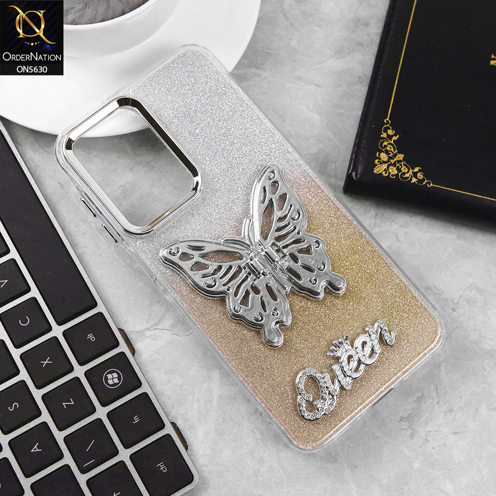 Samsung Galaxy A17 Cover - Golden -Trendy Queen Dual Tone Gradient Glitter Shiny Soft Case With Butterfly Kickstand Holder (Glitter Does Not Move)