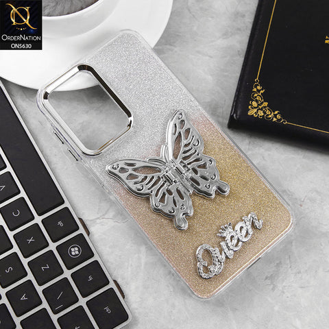 Samsung Galaxy F17 Cover - Golden -Trendy Queen Dual Tone Gradient Glitter Shiny Soft Case With Butterfly Kickstand Holder (Glitter Does Not Move)