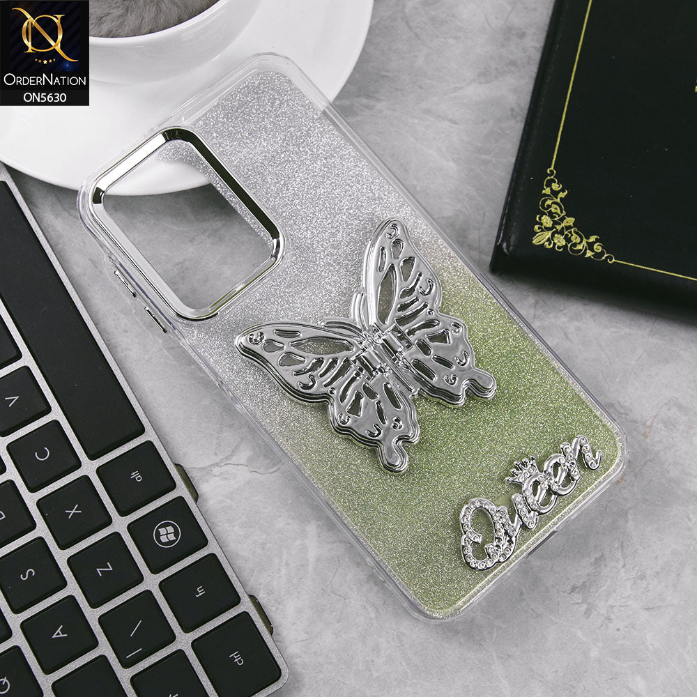 Samsung Galaxy F17 Cover - Green -Trendy Queen Dual Tone Gradient Glitter Shiny Soft Case With Butterfly Kickstand Holder (Glitter Does Not Move)