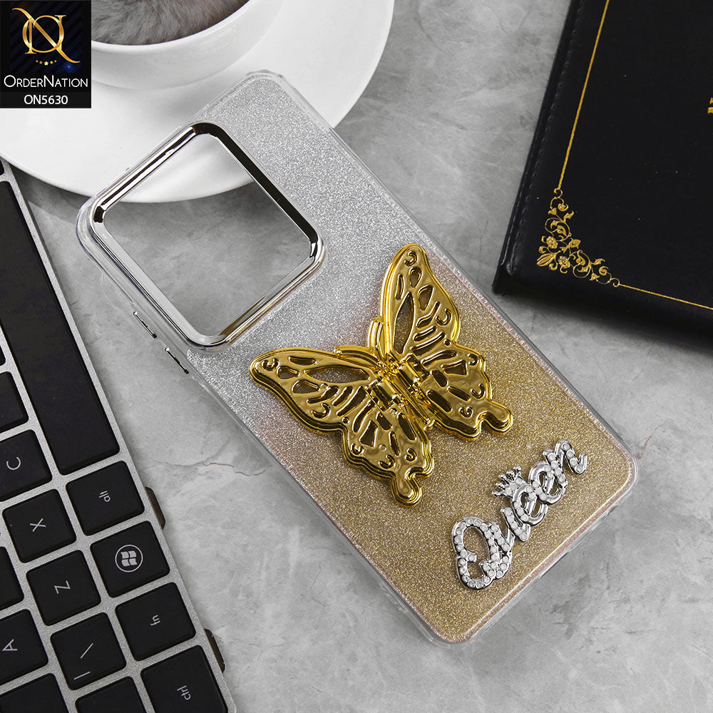 Tecno Spark 20C Cover - Golden -Trendy Queen Dual Tone Gradient Glitter Shiny Soft Case With Butterfly Kickstand Holder (Glitter Does Not Move)