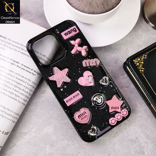 iPhone 15 Pro Max  Cover - Design 1 - 3D Cartoon Pink Love Heart Little Star Glossy Surface Case