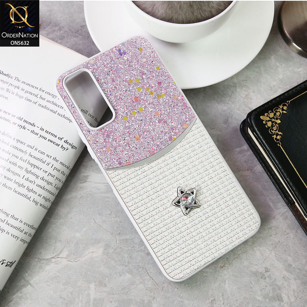Vivo Y12a Cover - White -New Trendy Shiny Glitter Bling Texture And Star Rhinestone Case