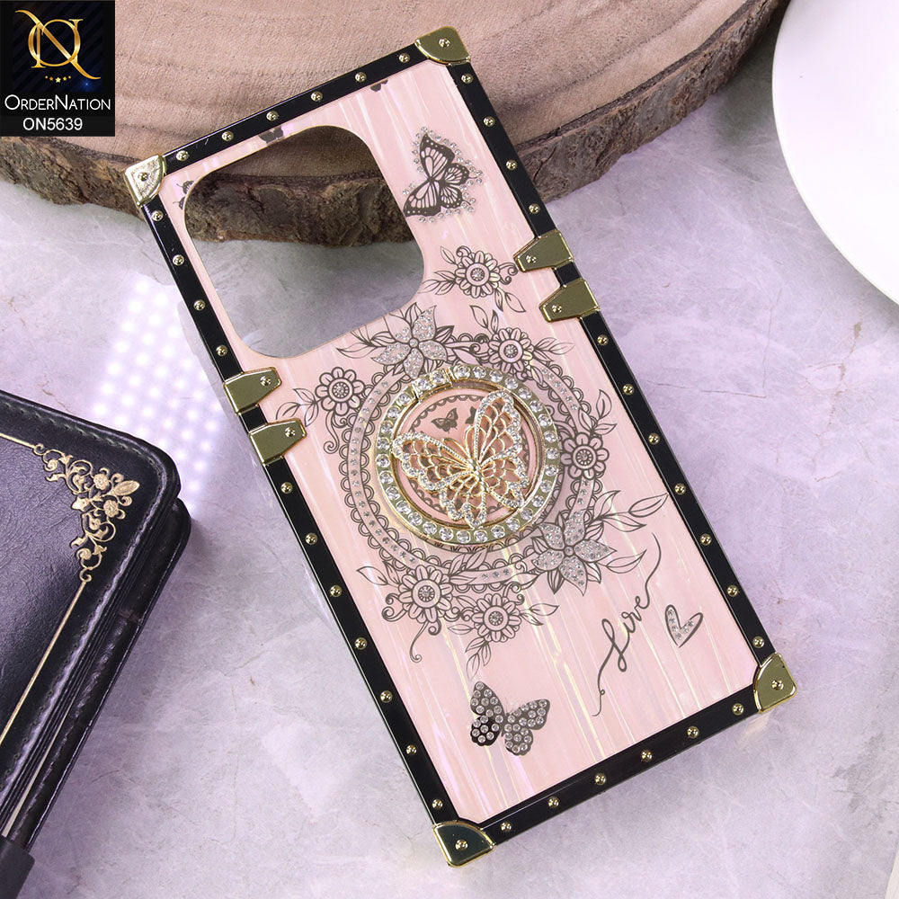 Infinix Smart 7 Cover - Golden - Square Bling Diamond Glitter Soft TPU Trunk Case with Ring Holder