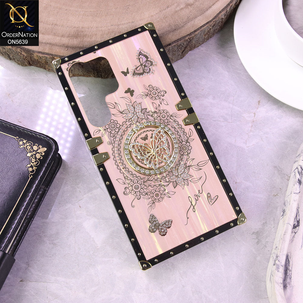 Samsung Galaxy S25 Ultra Cover - Golden - Square Bling Diamond Glitter Soft TPU Trunk Case with Ring Holder