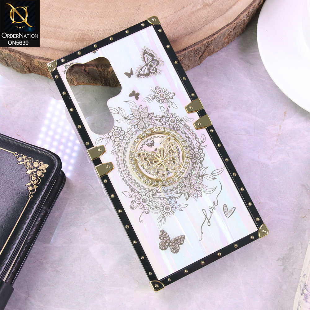 Samsung Galaxy S25 Ultra Cover - White - Square Bling Diamond Glitter Soft TPU Trunk Case with Ring Holder