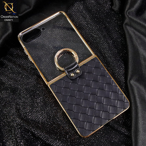 Samsung Galaxy Z Flip 7 Cover - Black - New Premium Quality Wooven Texture Electoroplated Leather Case With Ring (Weaving) Designed By GKK