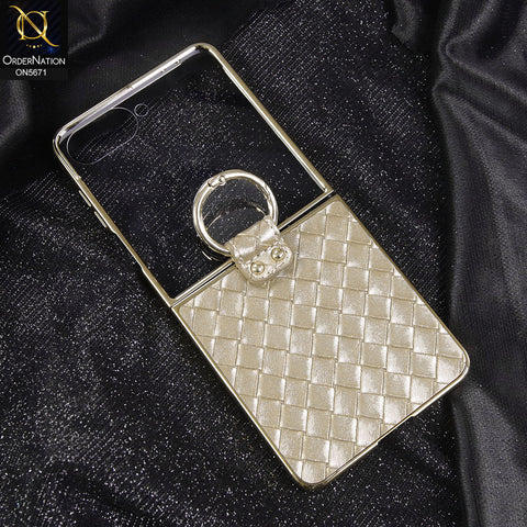 Samsung Galaxy Z Flip 7 Cover - Golden - New Premium Quality Wooven Texture Electoroplated Leather Case With Ring (Weaving) Designed By GKK